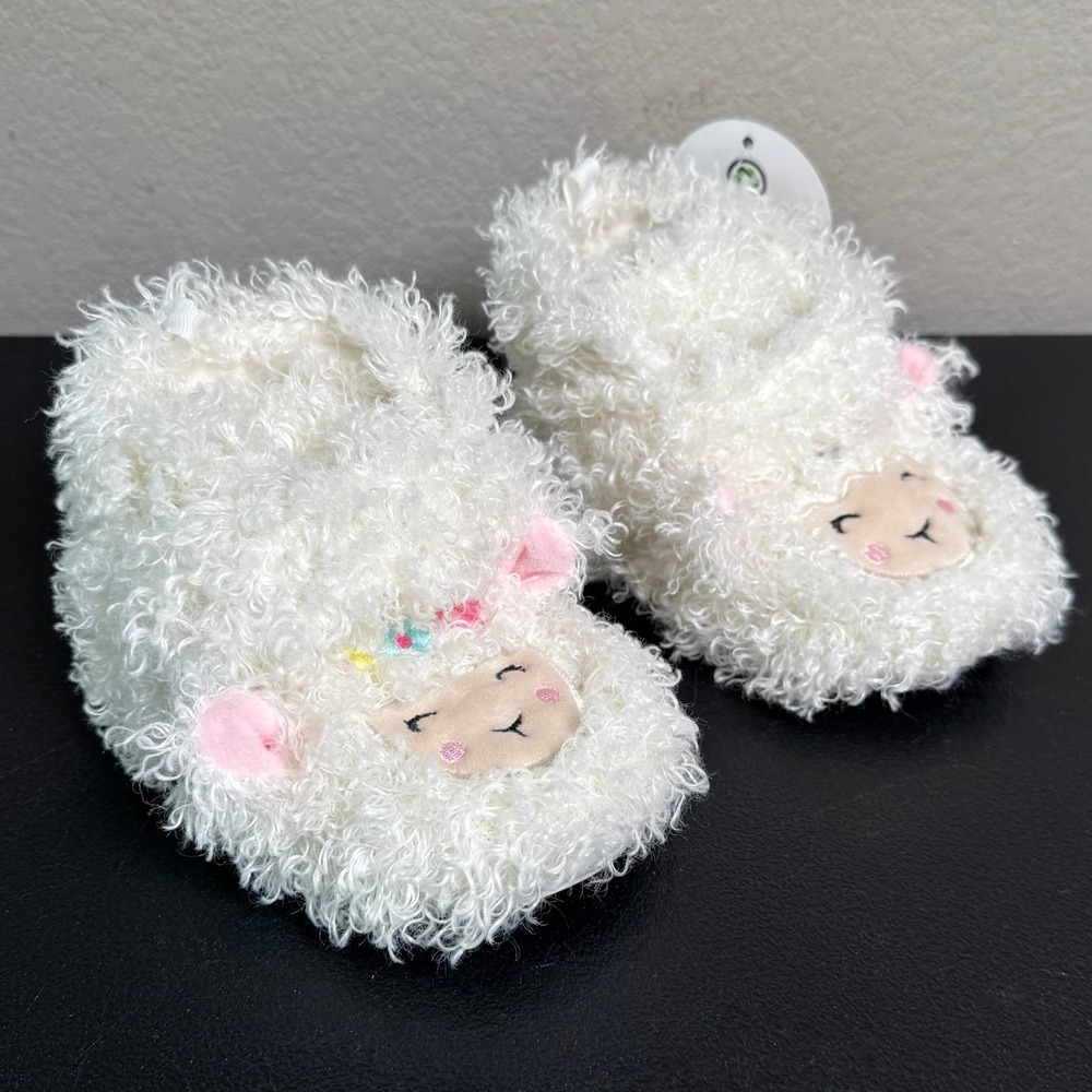 Wonder Nation Baby Girl Lamb Bootie Slippers White Faux Fur Size 5-6 NEW